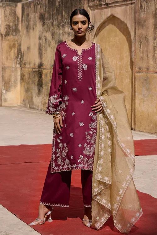 Image | Eid Collection 25 | Luxury Embroidered Suit | Maroon | Stitched | 3 pc set.