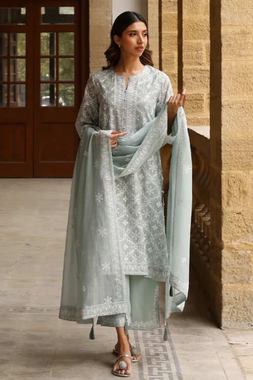 Image Studio 'Light Teal' Stitched Embroidered Suit | Cotton | 3-Piece Set