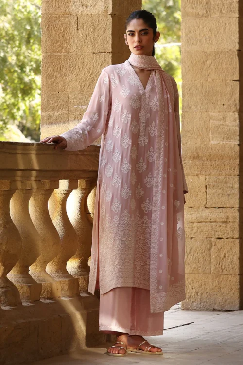 Image Studio Pink Stitched Embroidered Suit | Cotton Fabric | 3 Piece Set