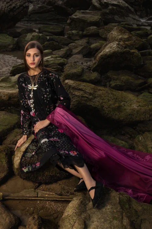 Crimson Flow Lawn 2025 "Midnight Black" – Unstitched Festive 3PC Dress | Bloom Bold D4B