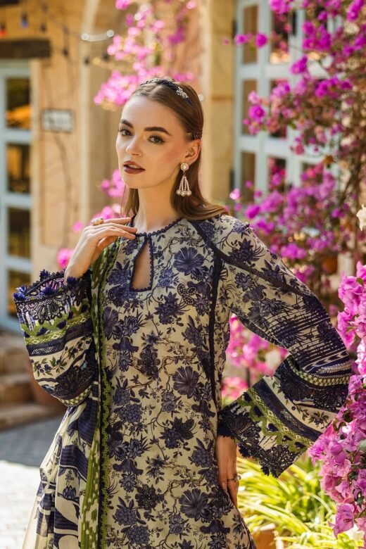 Elaf Blue Blossom 'Grey' Unstitched Lawn - Printed Chikankari '25 | 3-Piece Set