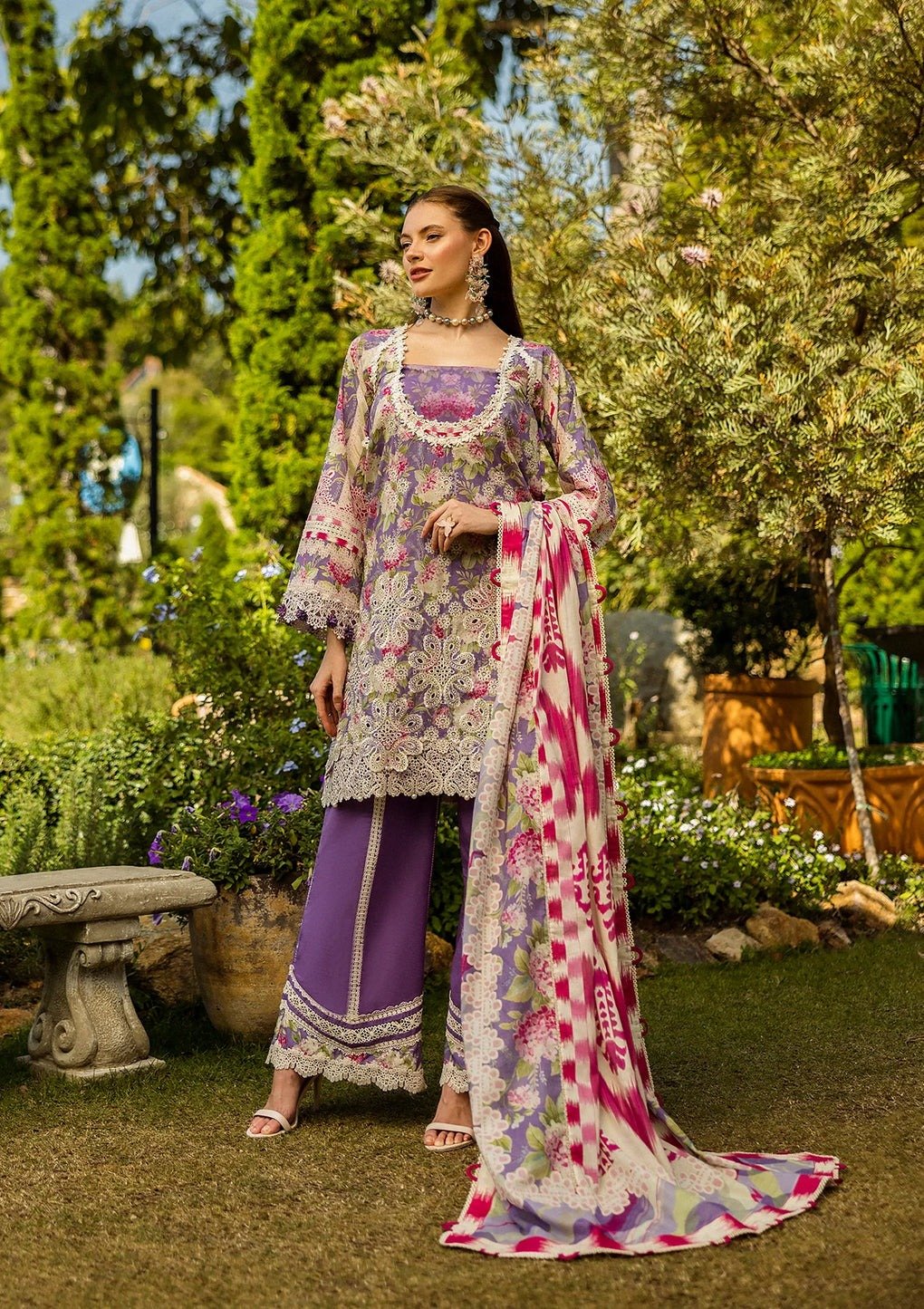 Elaf 'Lilac' Print Chikankari '25 Unstitched Lawn | Periwinkle - 3-Piece Set