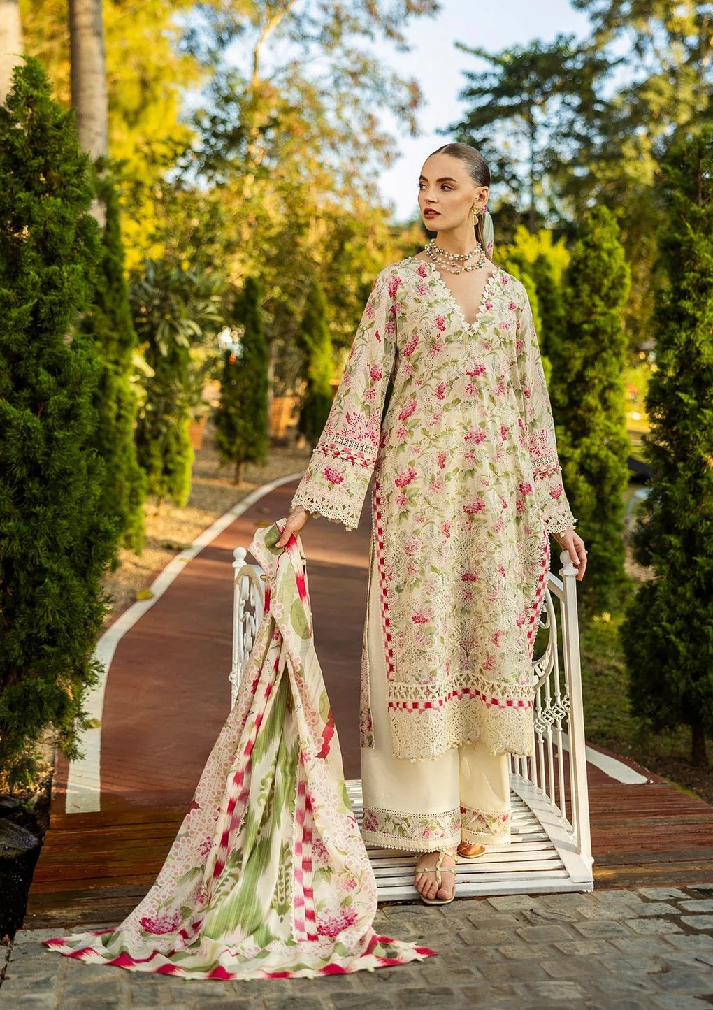 Elaf | Sweet greens | Off White | Lawn | Unstitched | Print Chikankari Collocation '25 | 3 pc set - Image 3