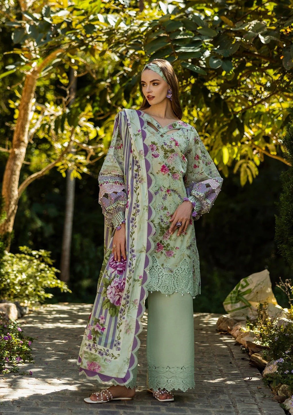 Elaf Floreale 'Mint Green' Unstitched Lawn | Print Chikankari Collocation '25 | 3-Piece Set