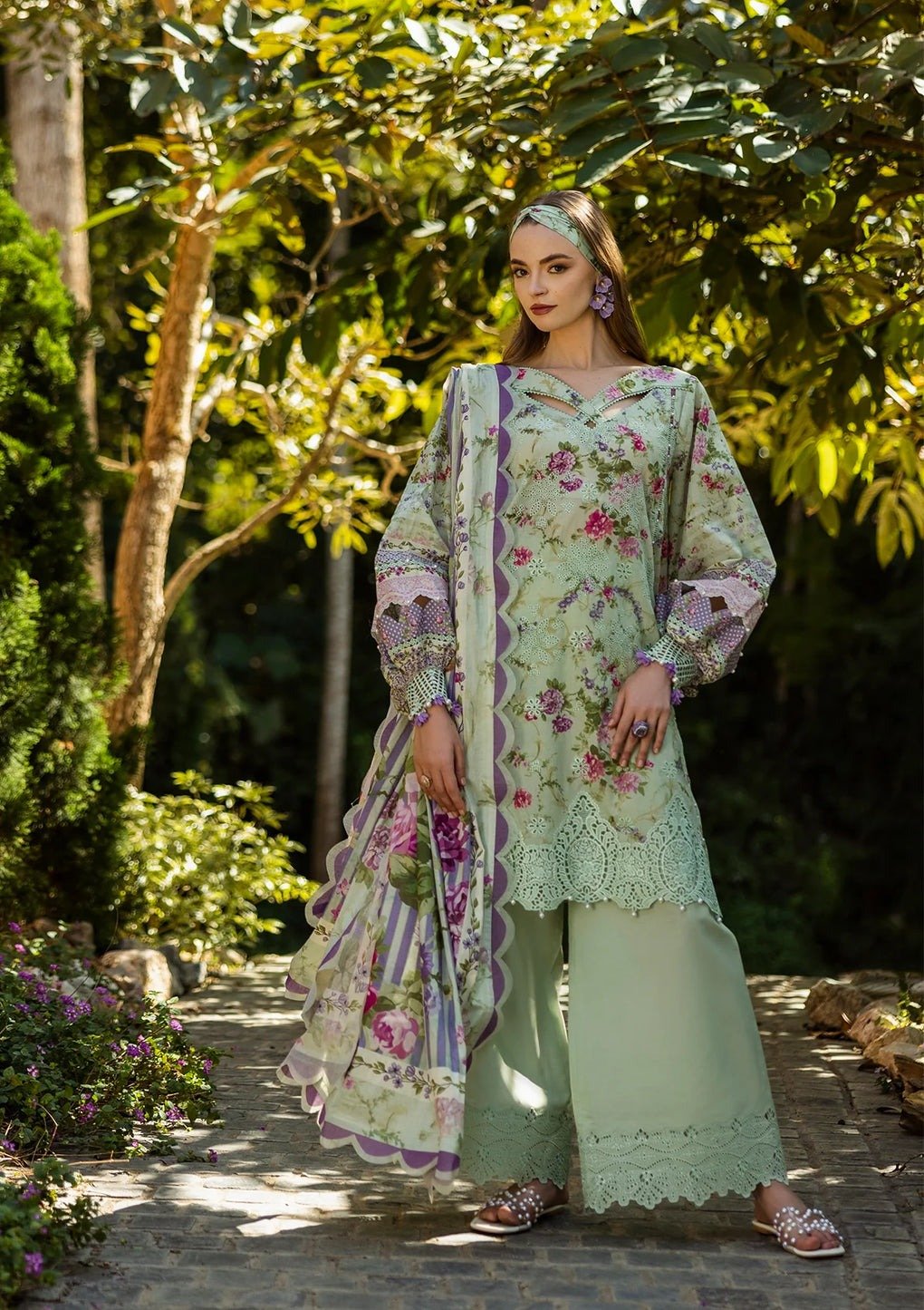 Elaf Floreale 'Mint Green' Unstitched Lawn | Print Chikankari Collocation '25 | 3-Piece Set - Image 2