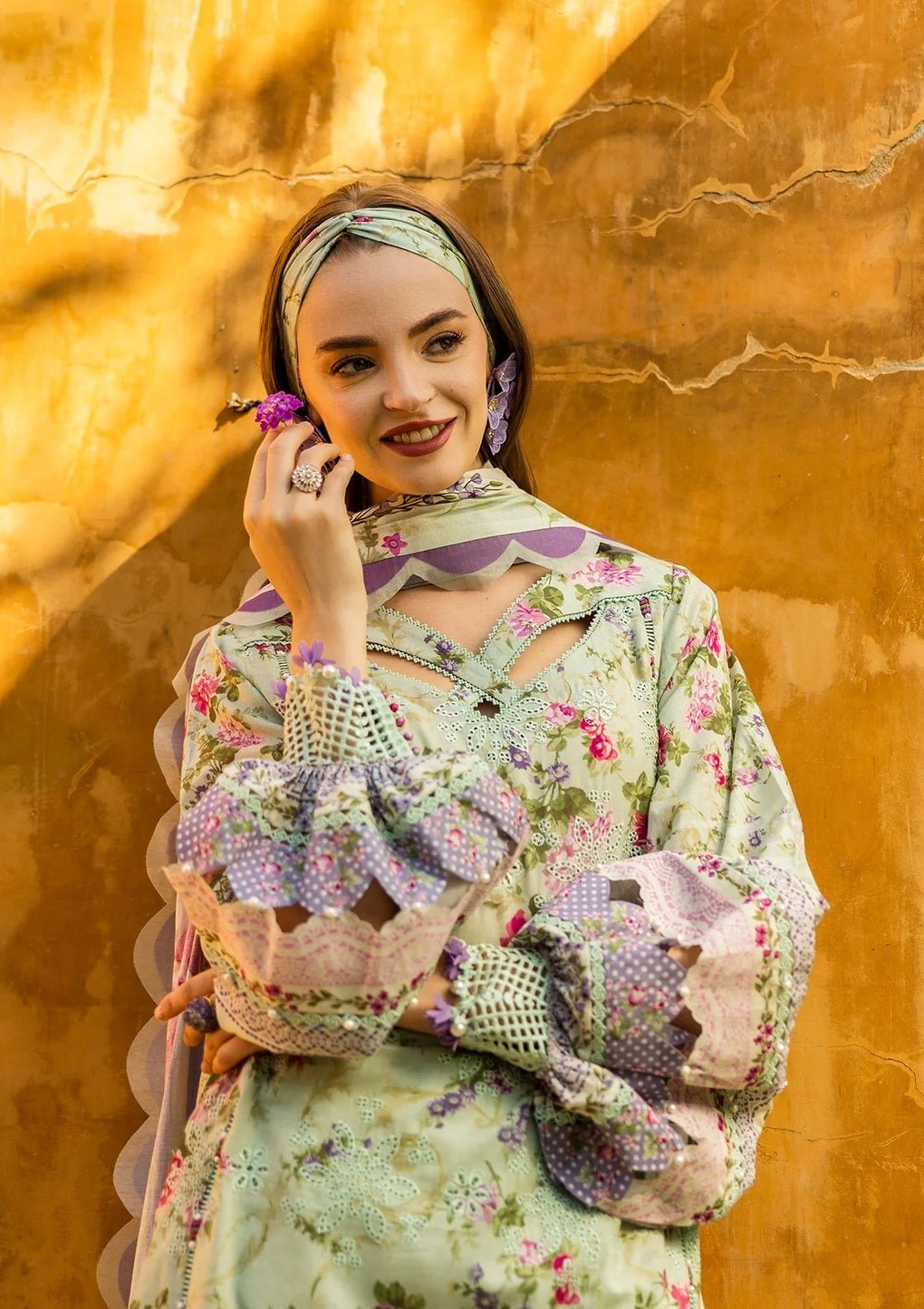 Elaf Floreale 'Mint Green' Unstitched Lawn | Print Chikankari Collocation '25 | 3-Piece Set - Image 3