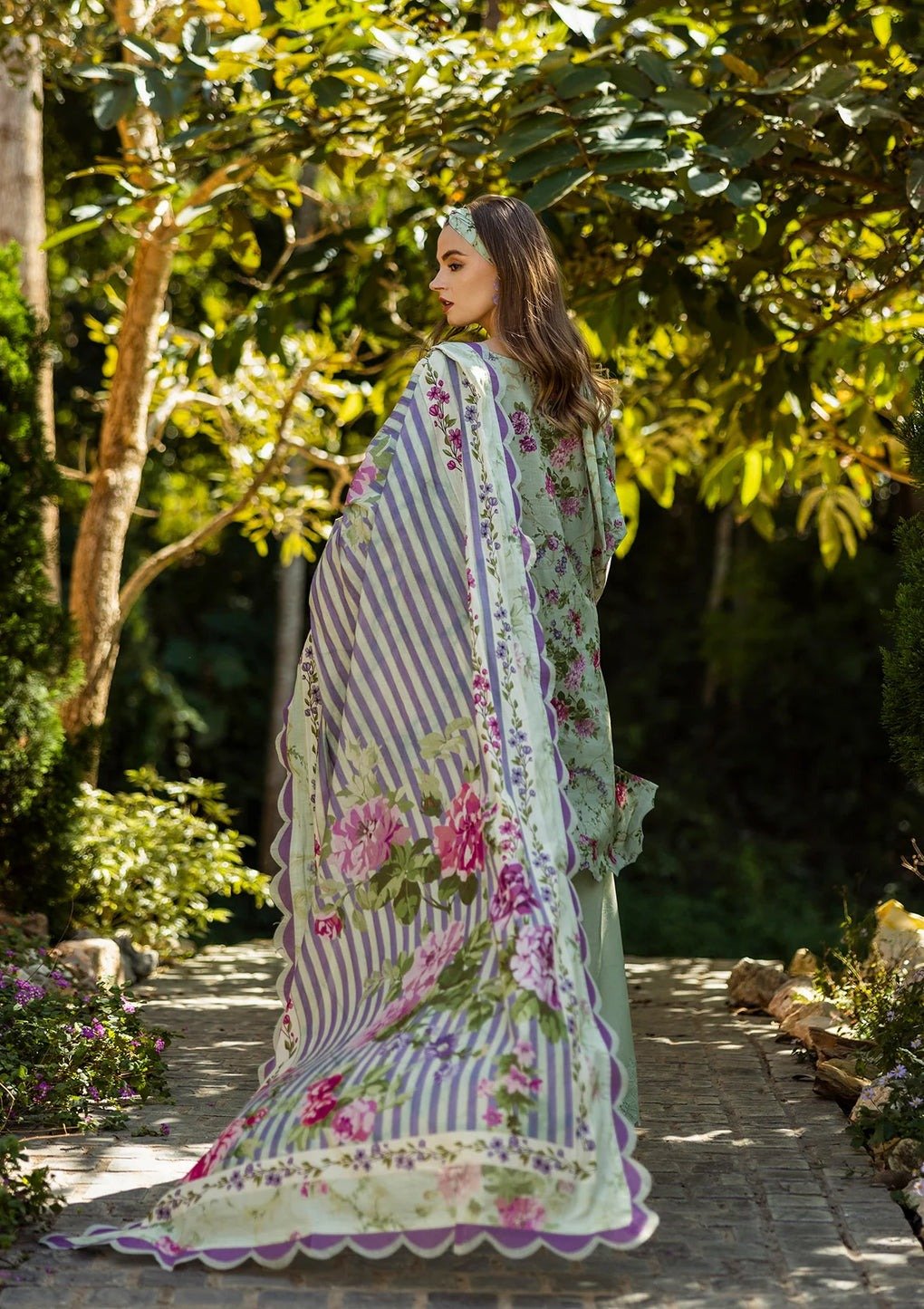 Elaf Floreale 'Mint Green' Unstitched Lawn | Print Chikankari Collocation '25 | 3-Piece Set - Image 4