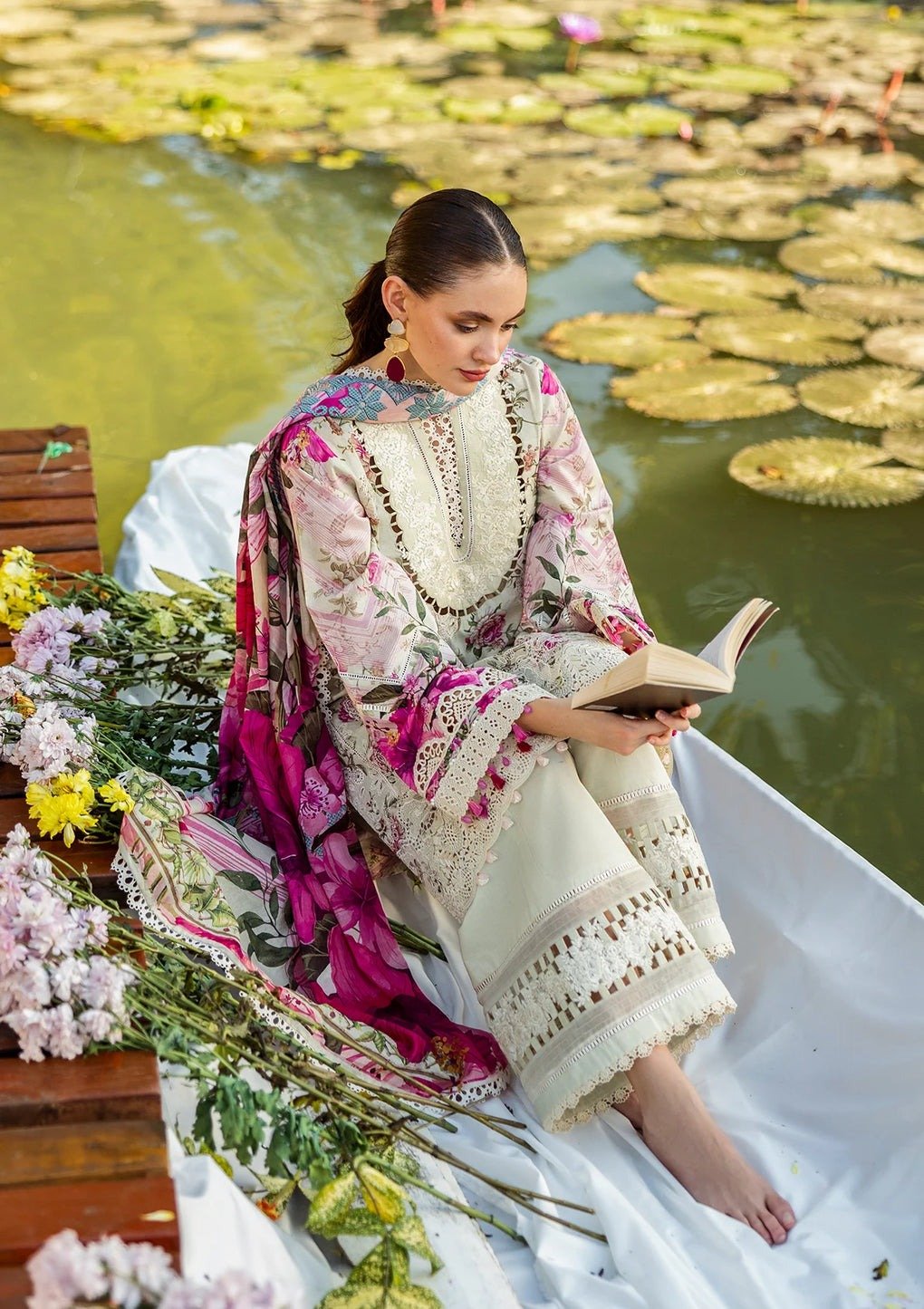 Elaf | Roses & Whites | Cream | Lawn | Unstitched | Print Chikankari Collocation '25 | 3 pc set - Image 3