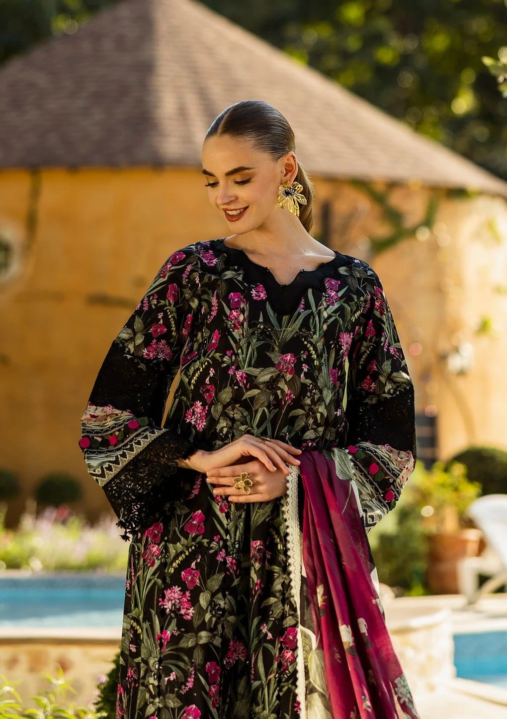 Elaf | Vista | Black | Lawn | Unstitched | Print Chikankari Collocation '25 | 3 pc set - Image 6