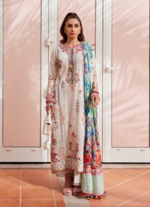 FTA WES Luxury Lawn 25 "Irene Ivory" – Premium Ivory Unstitched 3 Pcs Ladies Suit