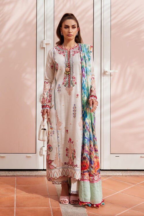 FTA WES Luxury Lawn 25 "Irene Ivory" – Premium Ivory Unstitched 3 Pcs Ladies Suit