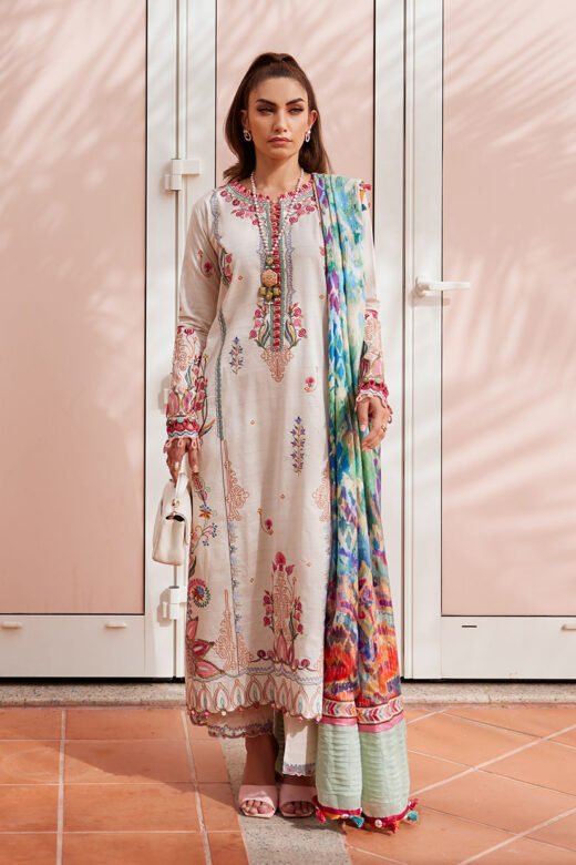 FTA WES Luxury Lawn 25 "Irene Ivory" – Premium Ivory Unstitched 3 Pcs Ladies Suit