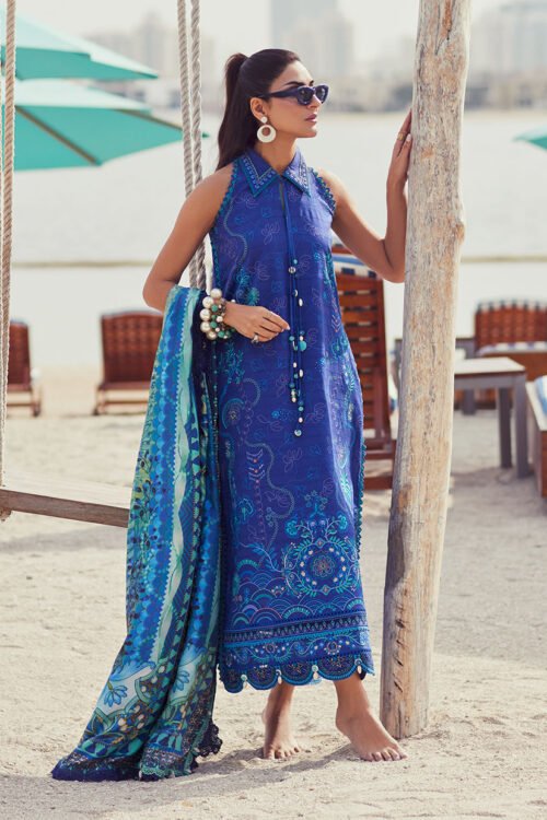 FTA | WES Luxury Lawn 25 | Unstitched | Deep Blue | Festive Wear | Bery Deep Blue | 3 pc set.