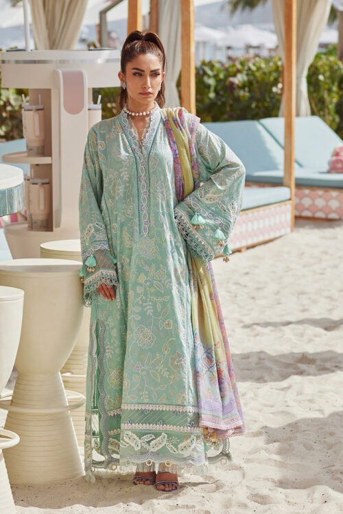FTA | WES Luxury Lawn 25 | Unstitched | Aqua | Festive Wear | Alice Aqua | 3 pc set.