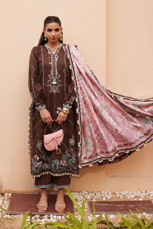 FTA | WES Luxury Lawn 25 | Unstitched | Brown | Festive Wear | Lvella Lindtt | 3 pc set.