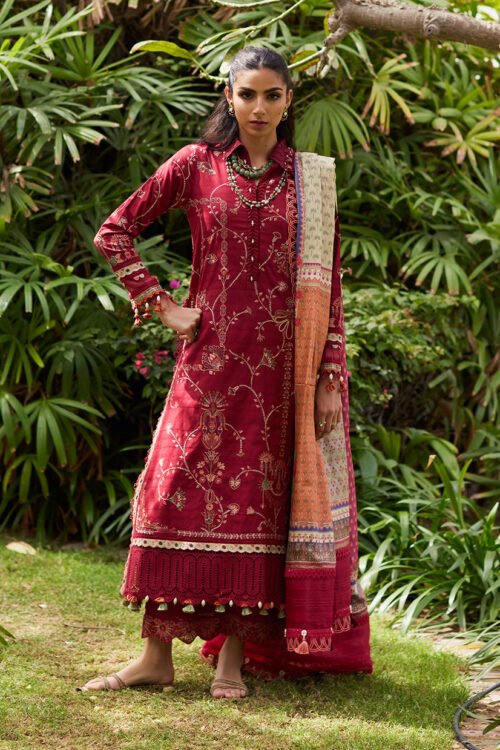 FTA | WES Luxury Lawn 25 | Unstitched | Red | Festive Wear | Rosemary Red | 3 pc set.