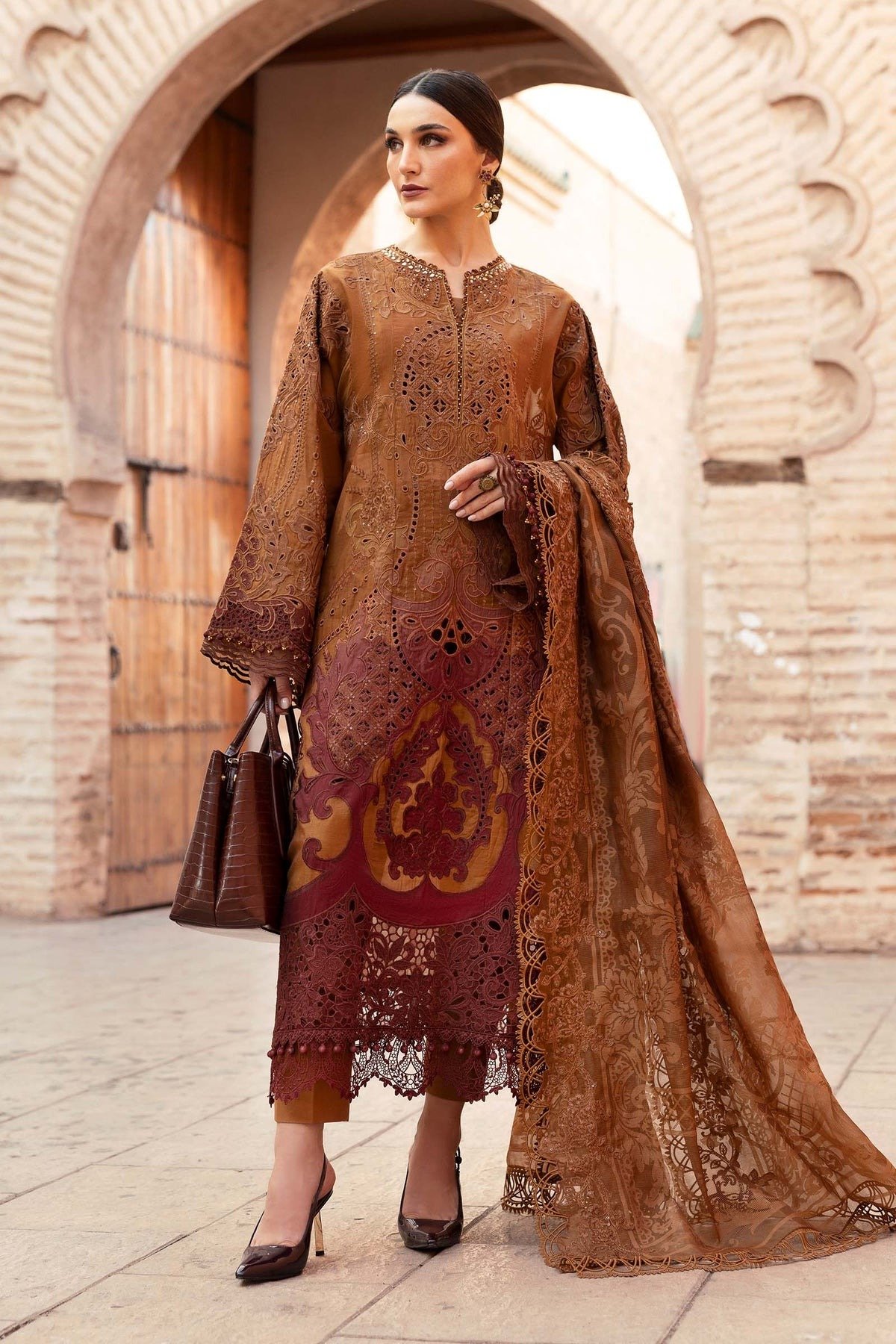 Maria.b | Luxury Lawn | Rust | Unstitched | Embroidered Net Suit | 3 Piece