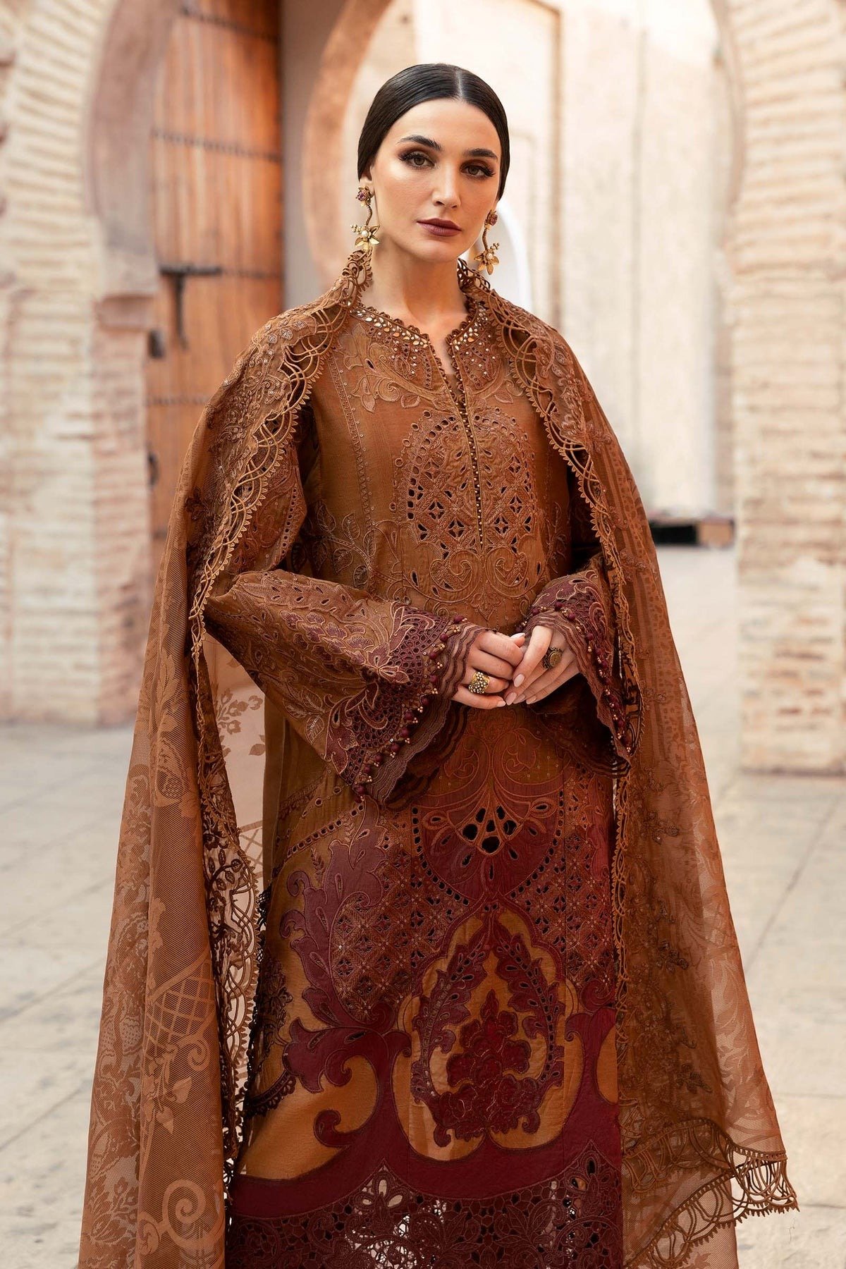 Maria.b | Luxury Lawn | Rust | Unstitched | Embroidered Net Suit | 3 Piece - Image 3
