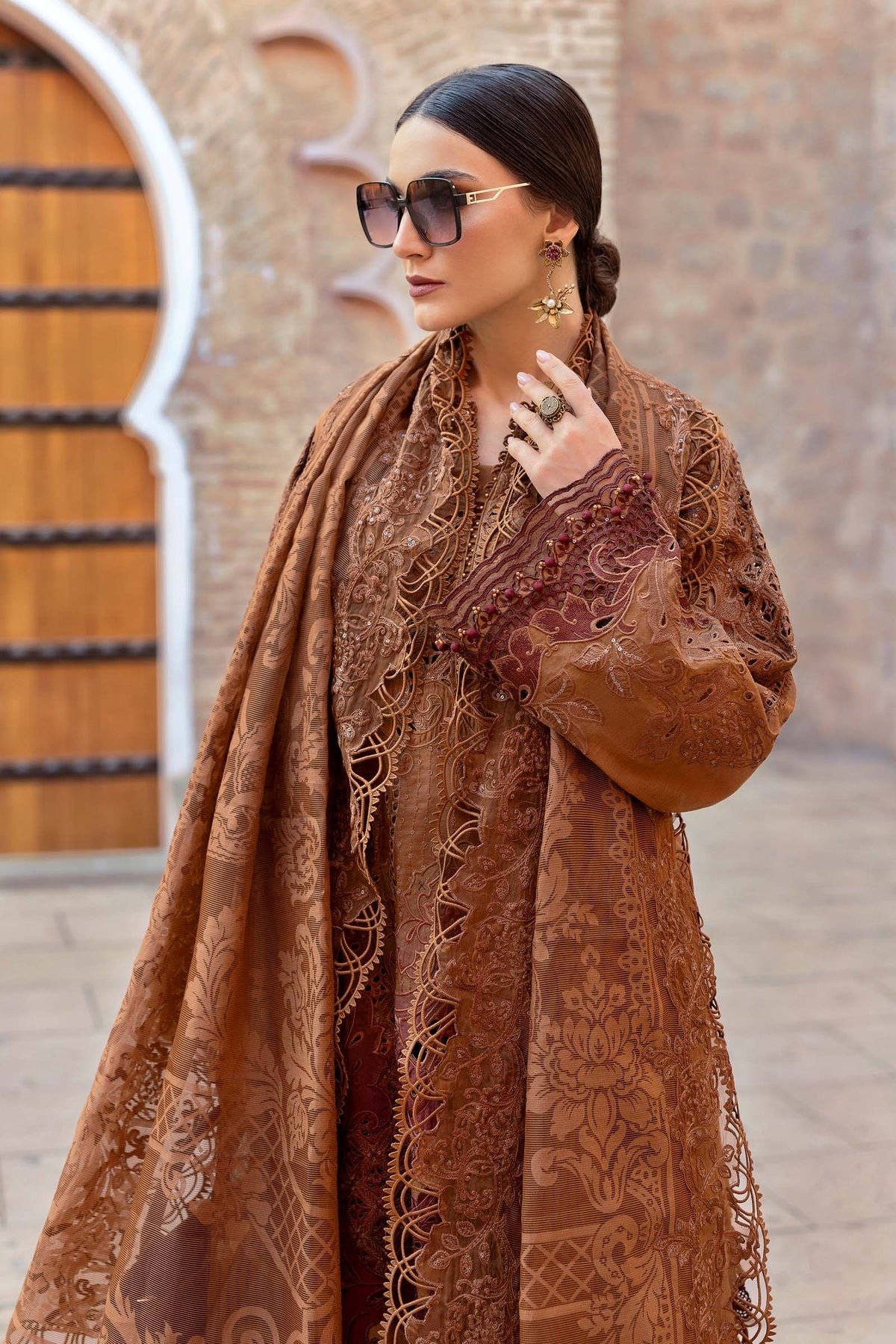 Maria.b | Luxury Lawn | Rust | Unstitched | Embroidered Net Suit | 3 Piece - Image 4