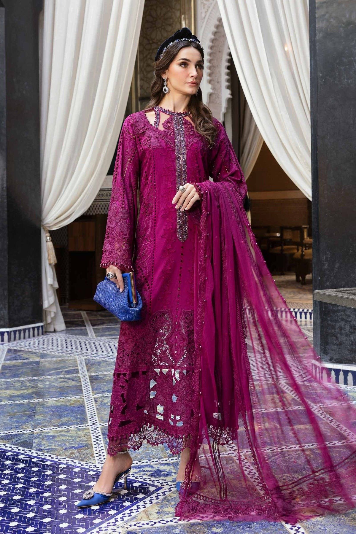 Maria.b | Luxury Lawn | Cofee | Unstitched | Embroidered Net Suit | 3 Piece