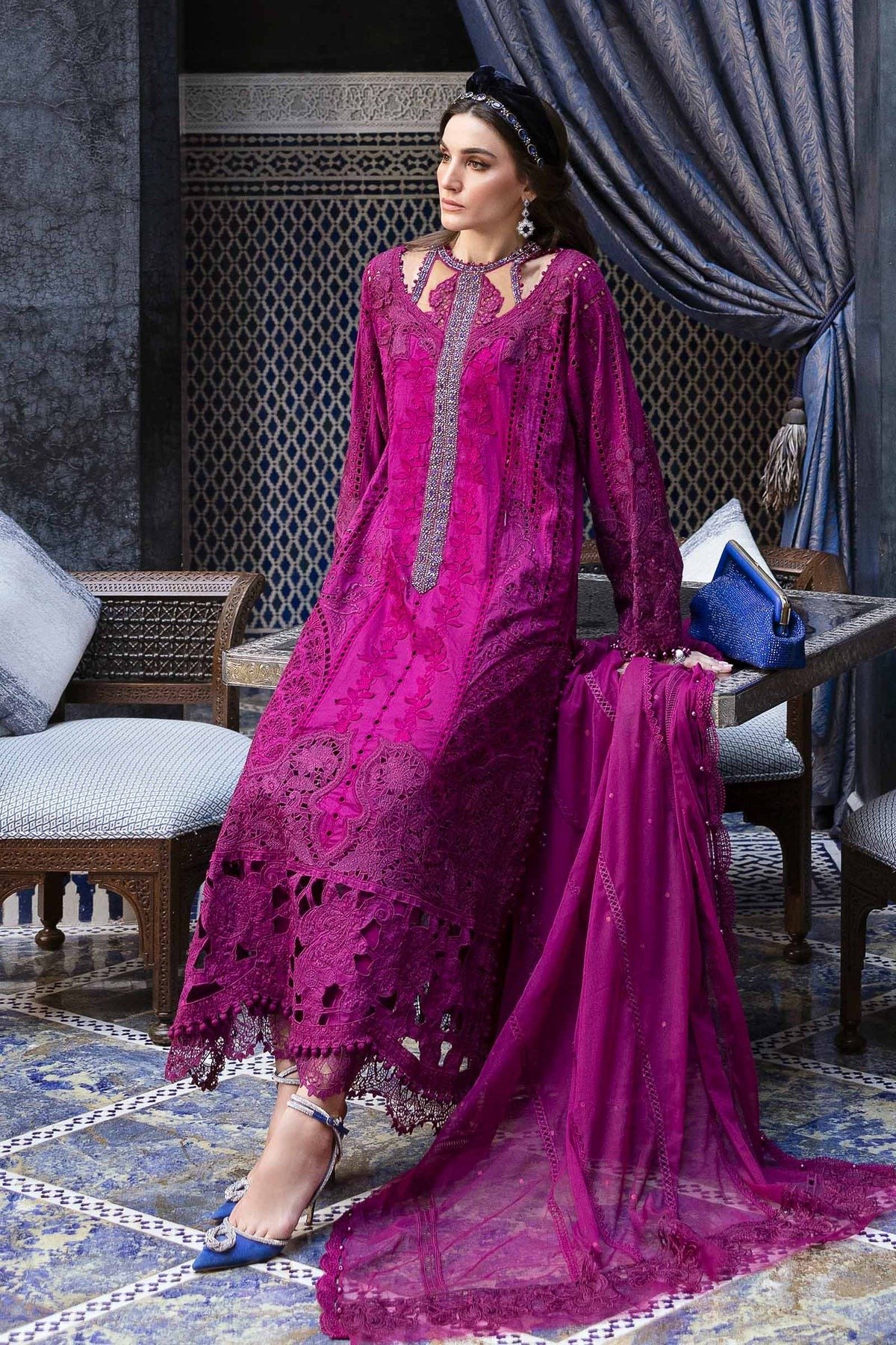Maria.b | Luxury Lawn | Cofee | Unstitched | Embroidered Net Suit | 3 Piece - Image 2