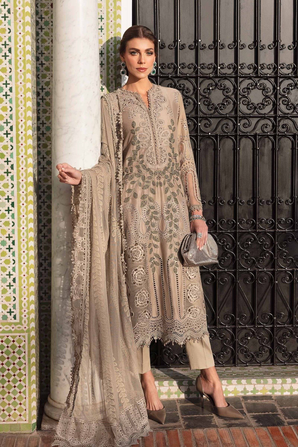 Maria.b | Luxury Lawn | Cofee | Unstitched | Embroidered Net Suit | 3 Piece