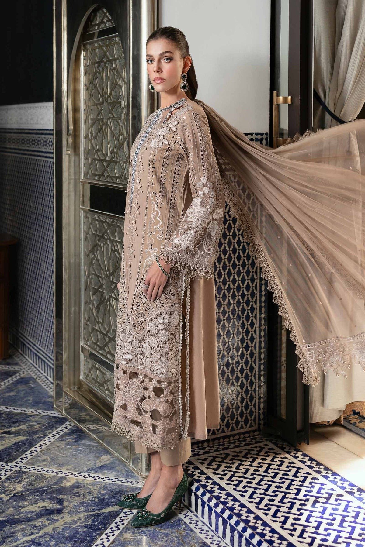 Maria.b | Luxury Lawn | Cofee | Unstitched | Embroidered Net Suit | 3 Piece - Image 2