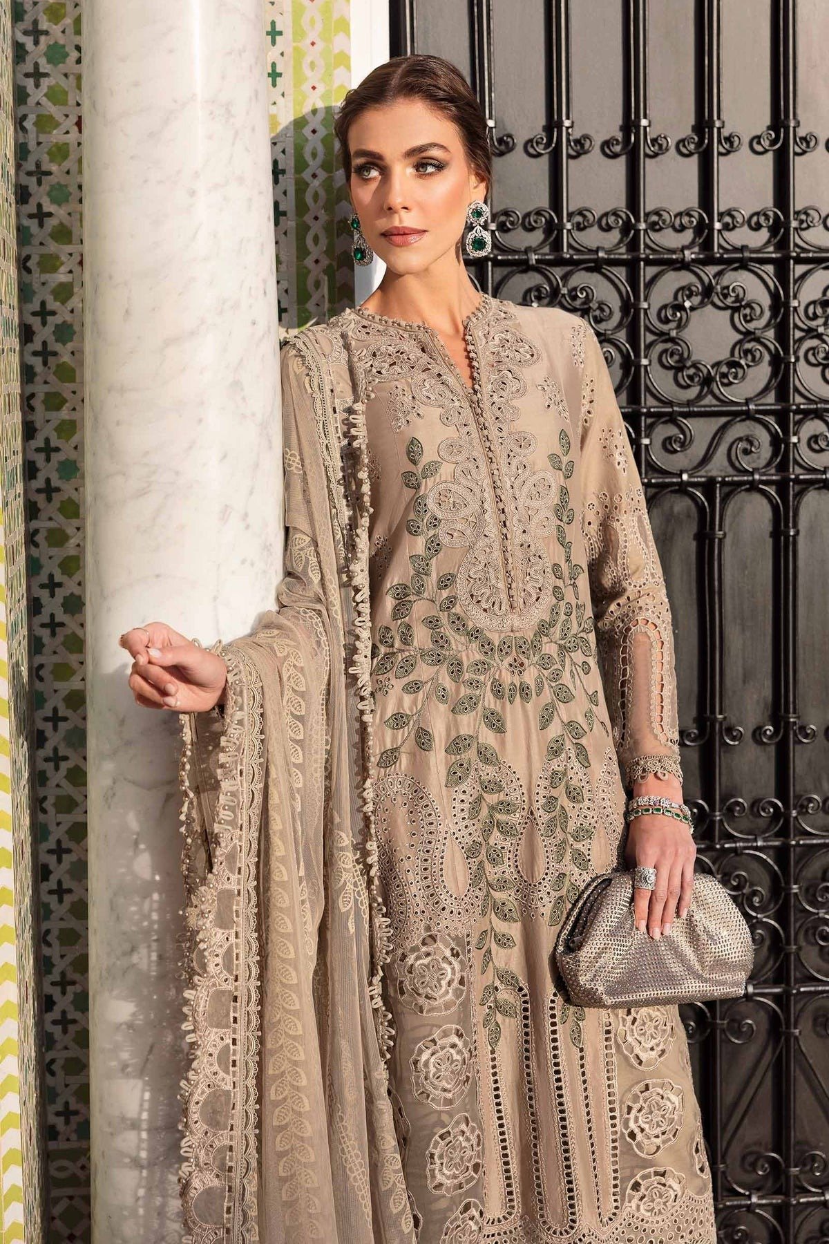 Maria.b | Luxury Lawn | Cofee | Unstitched | Embroidered Net Suit | 3 Piece - Image 3