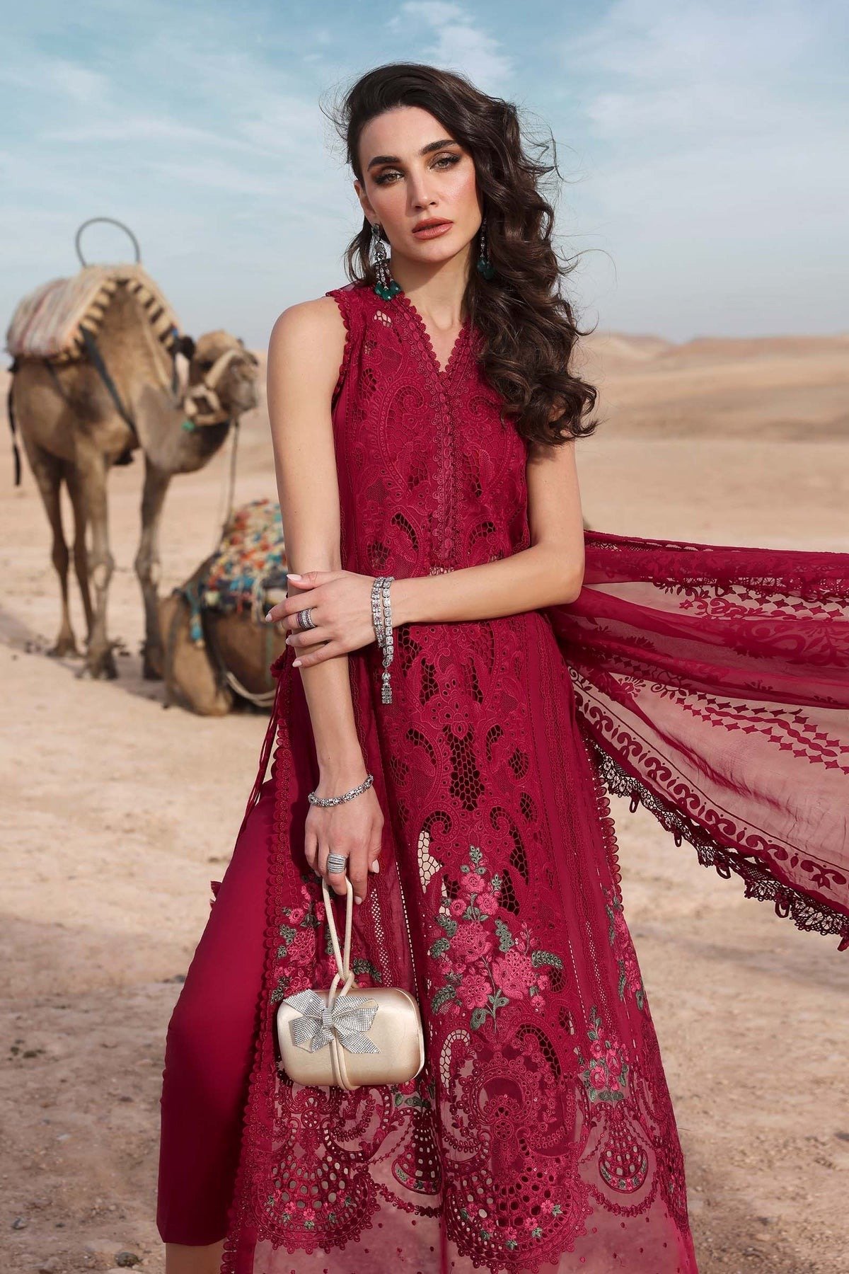 Maria.b | Luxury Lawn | Red | Unstitched | Embroidered Net Suit | 3 Piece - Image 2