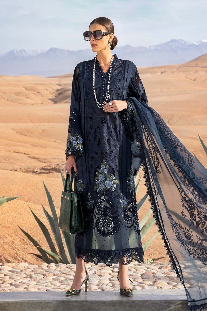 Maria.b | Luxury Lawn | Navy Blue | Unstitched | Embroidered Net Suit | 3 Piece