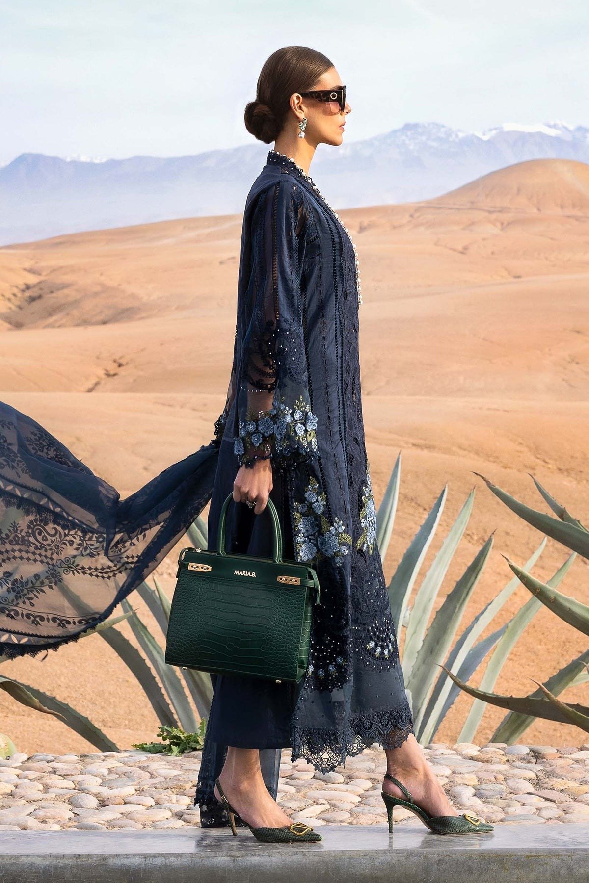 Maria.b | Luxury Lawn | Navy Blue | Unstitched | Embroidered Net Suit | 3 Piece - Image 2