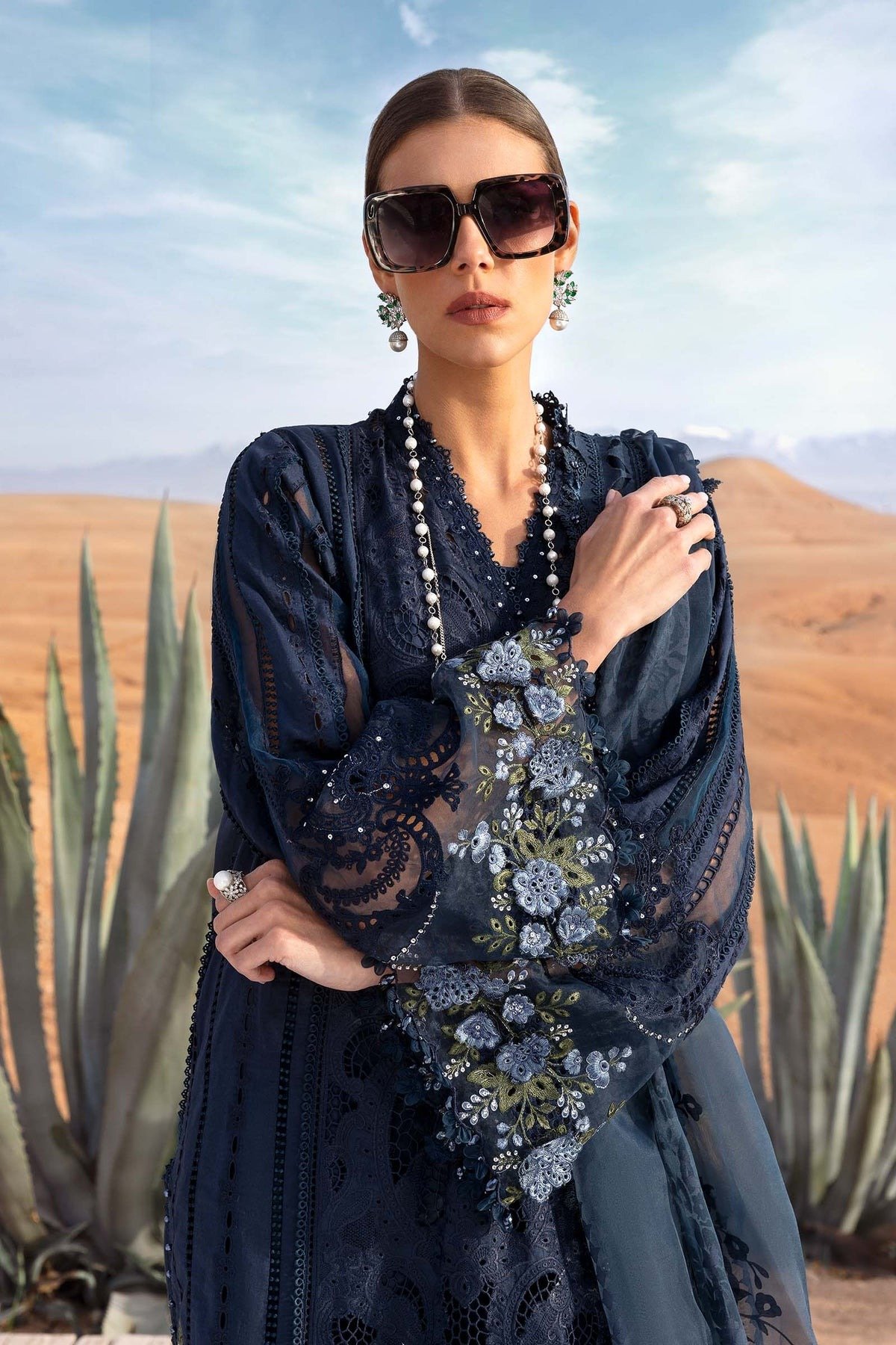 Maria.b | Luxury Lawn | Navy Blue | Unstitched | Embroidered Net Suit | 3 Piece - Image 3