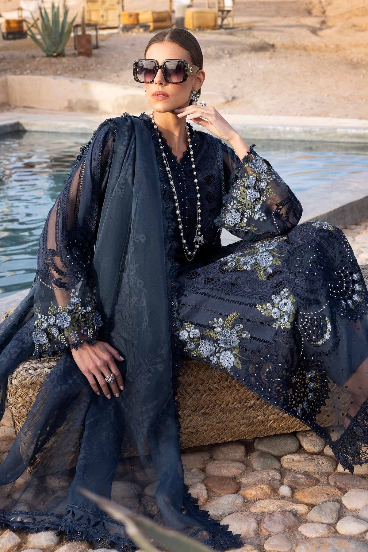 Maria.b | Luxury Lawn | Navy Blue | Unstitched | Embroidered Net Suit | 3 Piece - Image 4