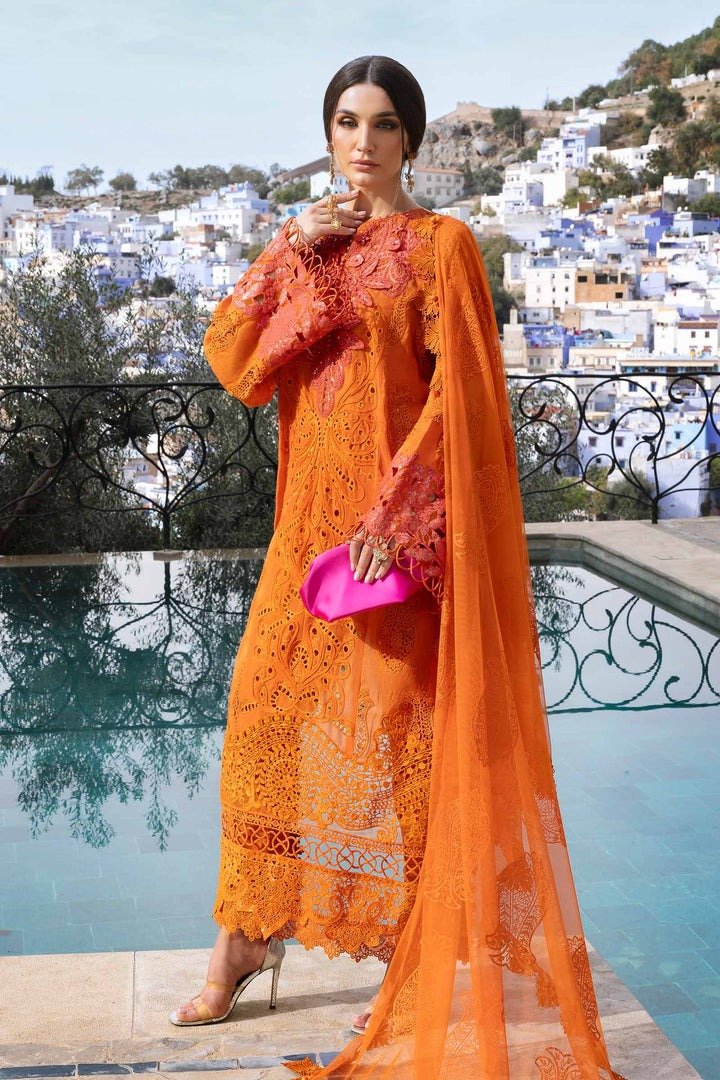 Maria.b | Luxury Lawn | Orange | Unstitched | Embroidered Net Suit | 3 Piece
