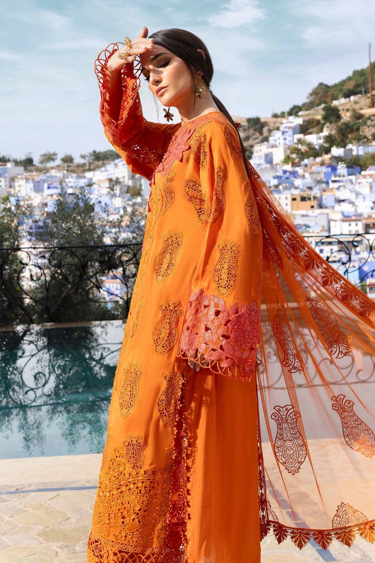 Maria.b | Luxury Lawn | Orange | Unstitched | Embroidered Net Suit | 3 Piece - Image 2
