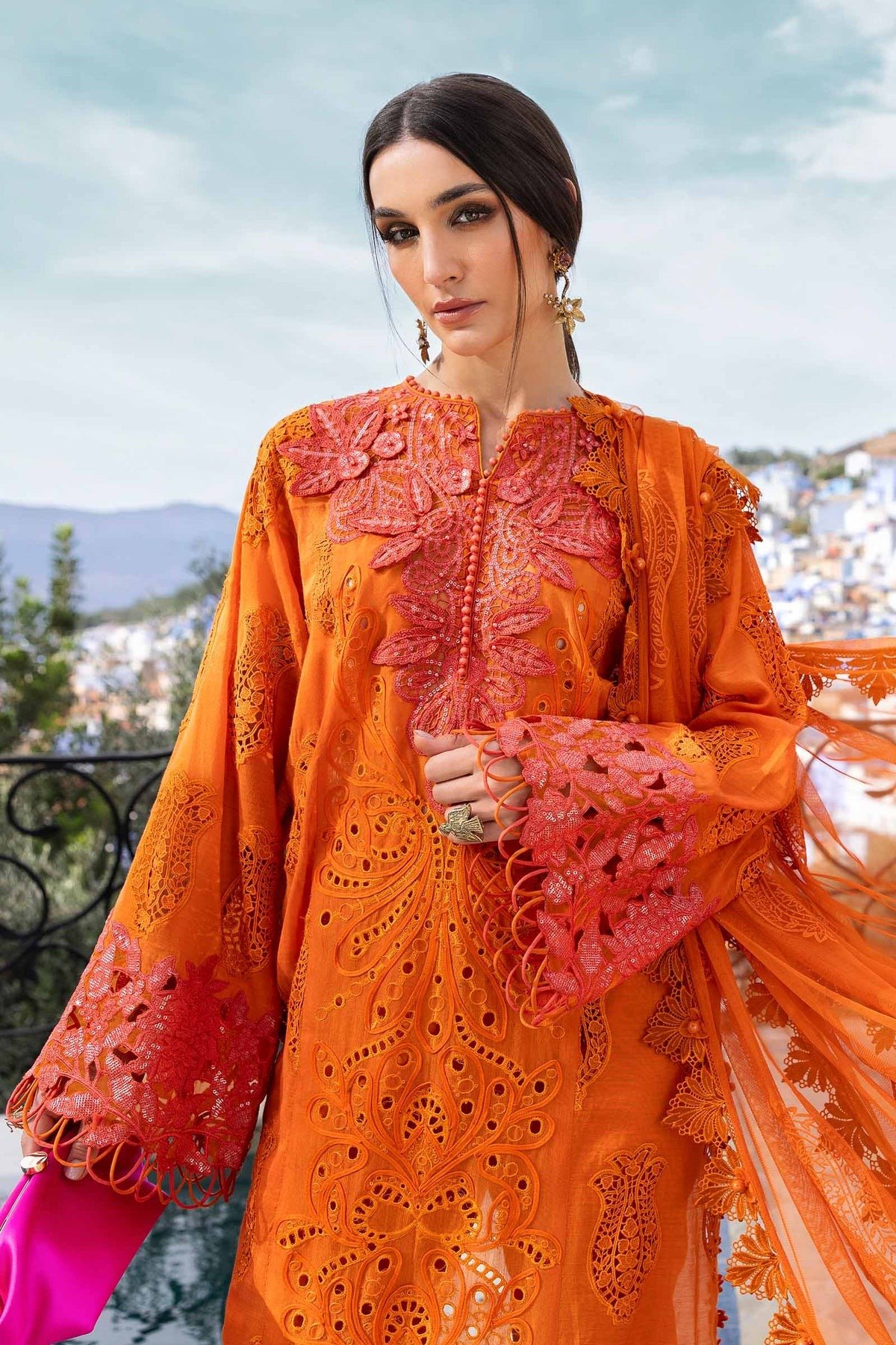 Maria.b | Luxury Lawn | Orange | Unstitched | Embroidered Net Suit | 3 Piece - Image 3