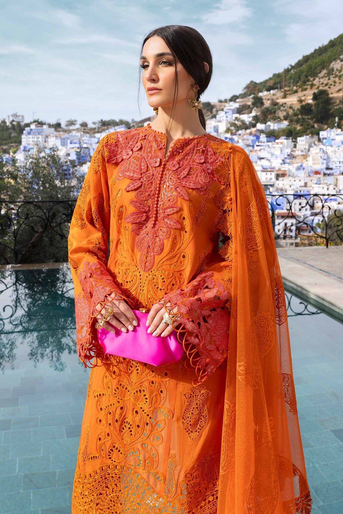 Maria.b | Luxury Lawn | Orange | Unstitched | Embroidered Net Suit | 3 Piece - Image 4