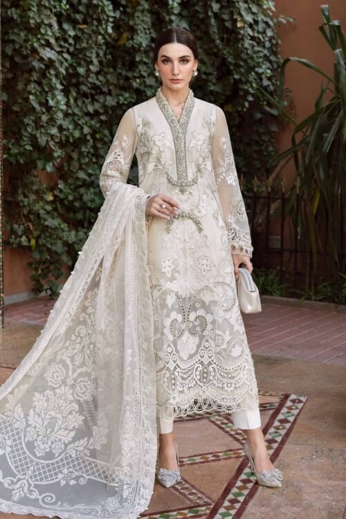 Maria.b | Luxury Lawn | Pearl White | Unstitched | Embroidered Net Suit | 3 Piece