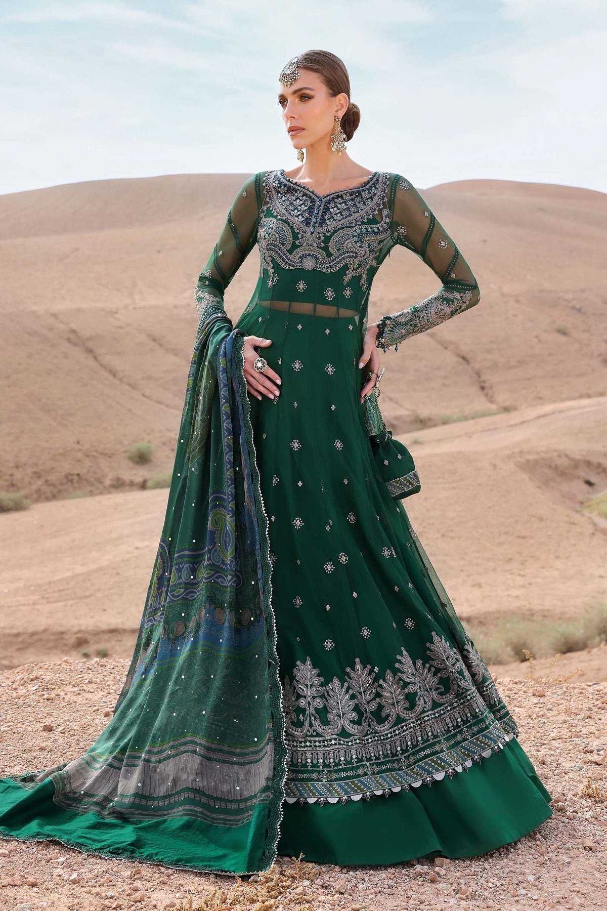 Maria B 'Green' Unstitched Luxury Lawn | Embroidered Net | 3 Piece