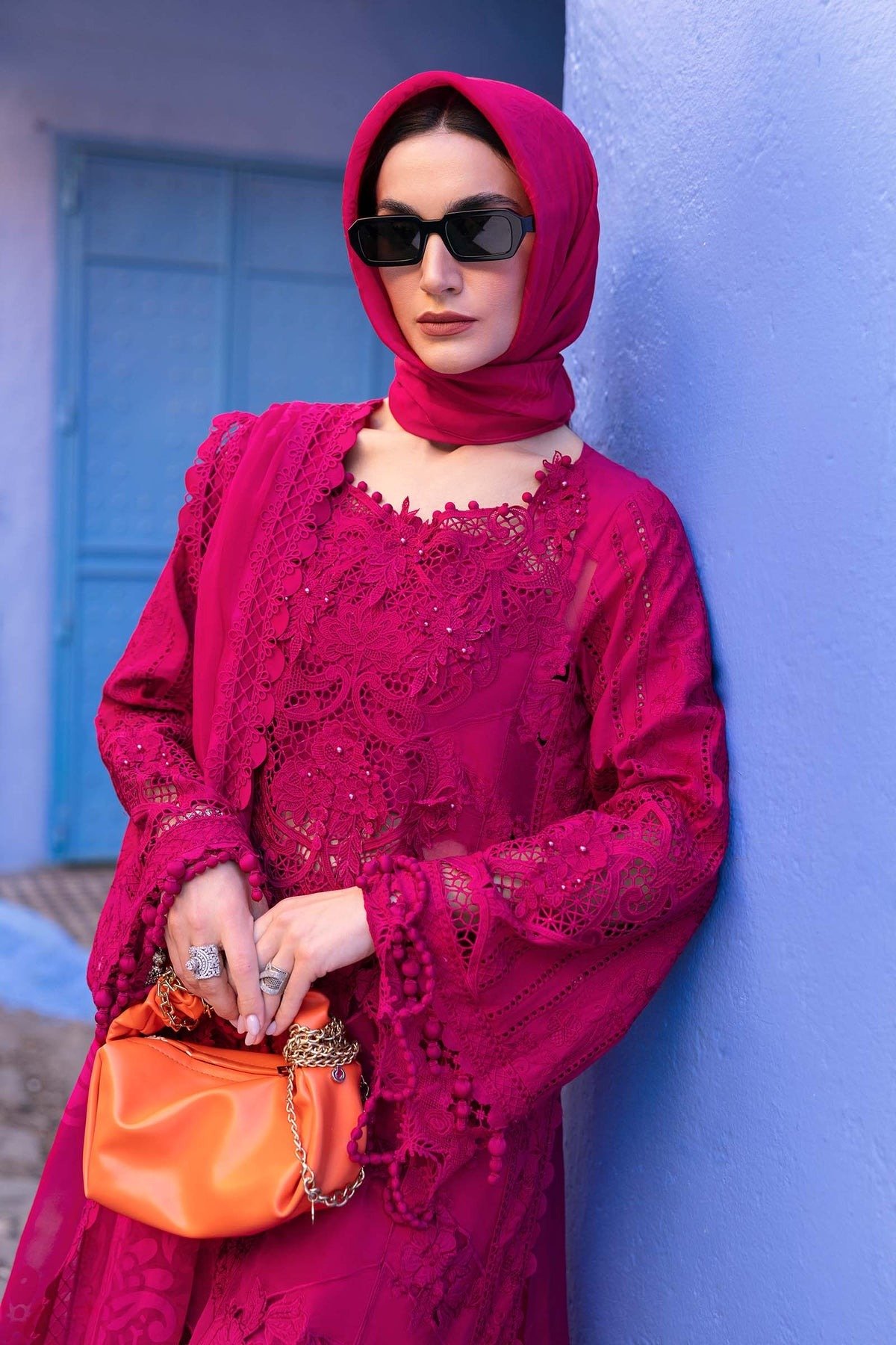 Maria.b | Luxury Lawn | Fuchsia Pink | Unstitched | Embroidered Net Suit | 3 Piece - Image 4