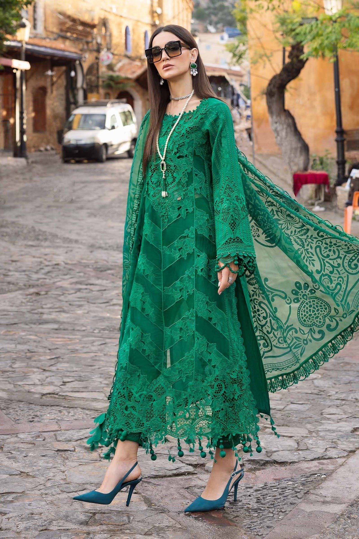 Maria.b | Luxury Lawn | Emerald Green | Unstitched | Embroidered Net Suit | 3 Piece - Image 2