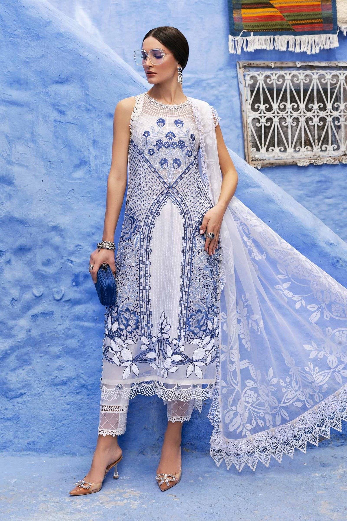 Maria.b | Luxury Lawn | White | Unstitched | Embroidered Net Suit | 3 Piece