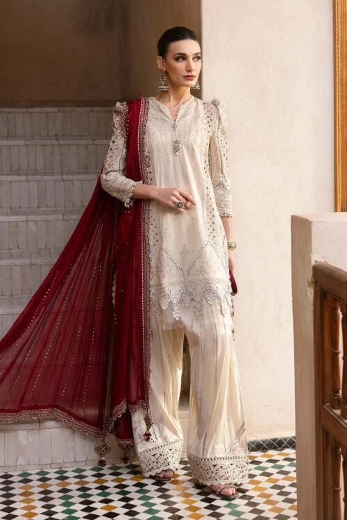 Maria.b | Luxury Lawn | Off -White | Unstitched | Embroidered Net Suit | 3 Piece