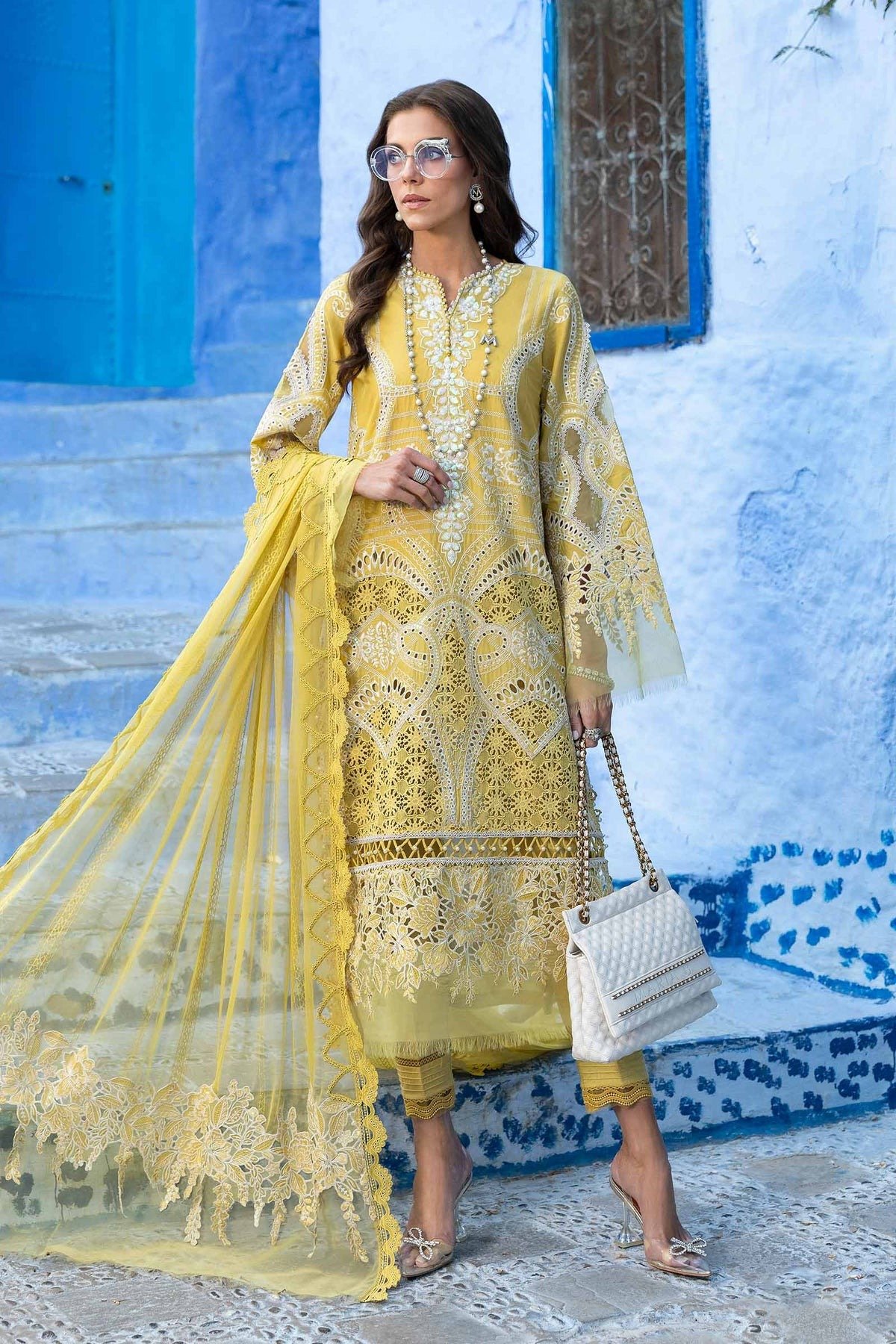 Maria B 'Lime Yellow' Luxury Lawn Unstitched Embroidered Net Suit | 3-Piece