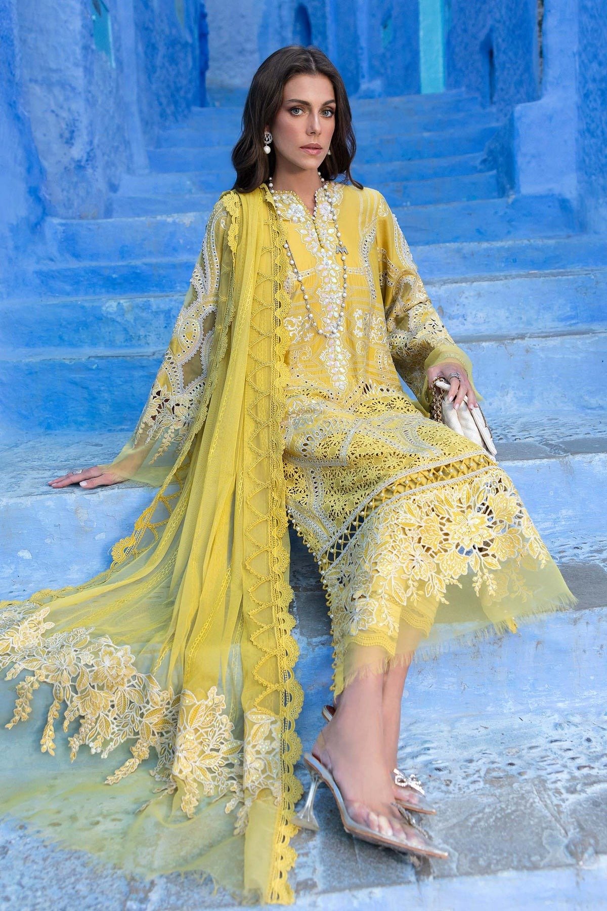 Maria B 'Lime Yellow' Luxury Lawn Unstitched Embroidered Net Suit | 3-Piece - Image 2