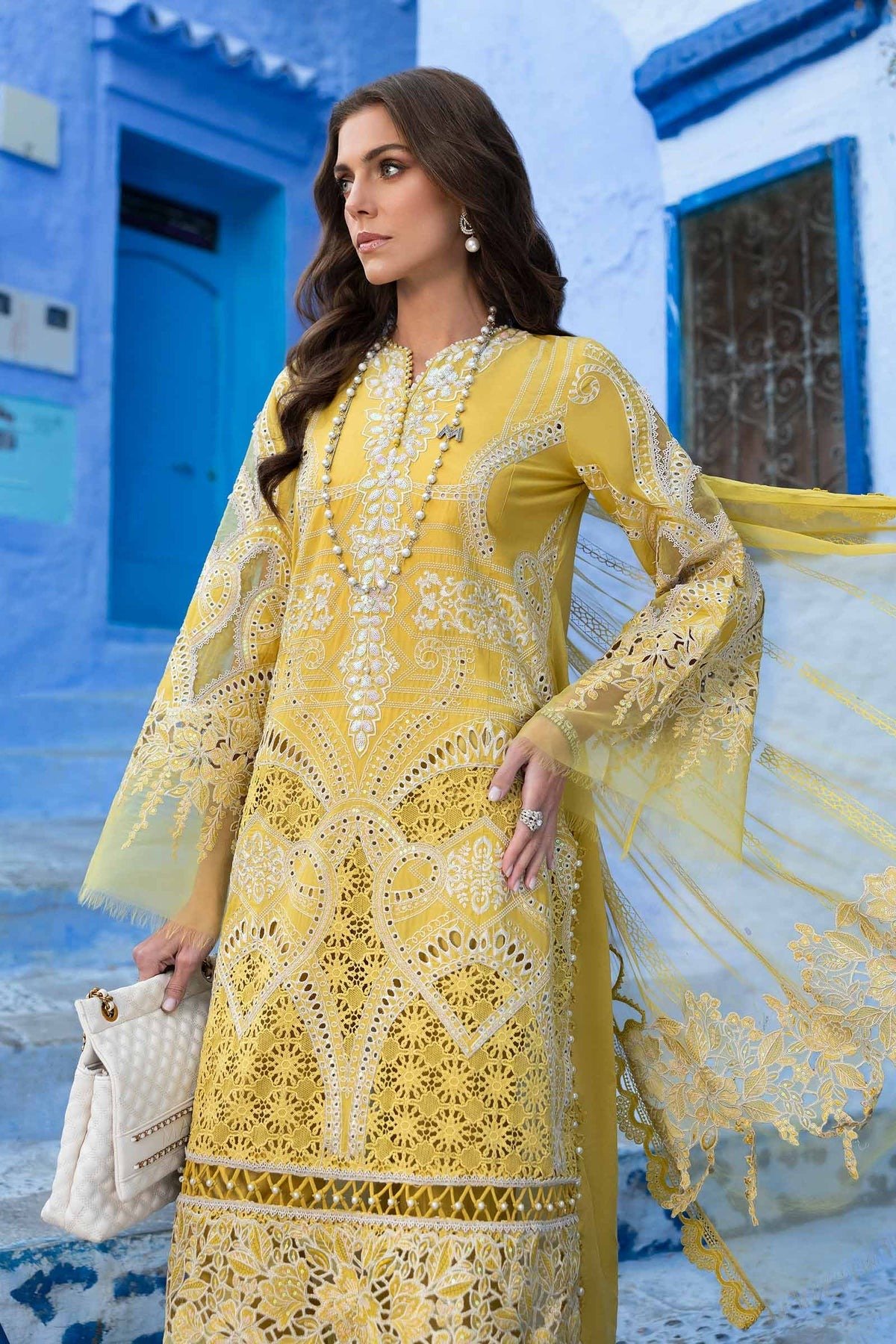 Maria B 'Lime Yellow' Luxury Lawn Unstitched Embroidered Net Suit | 3-Piece - Image 3