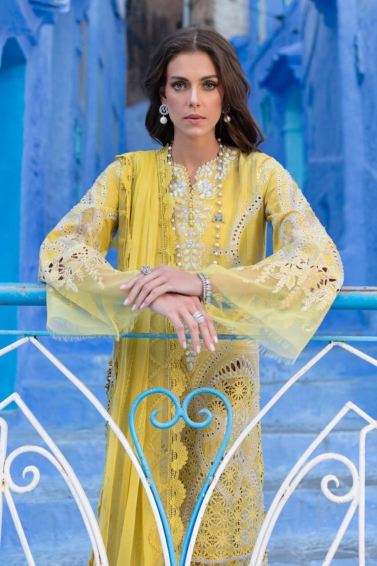 Maria B 'Lime Yellow' Luxury Lawn Unstitched Embroidered Net Suit | 3-Piece - Image 4