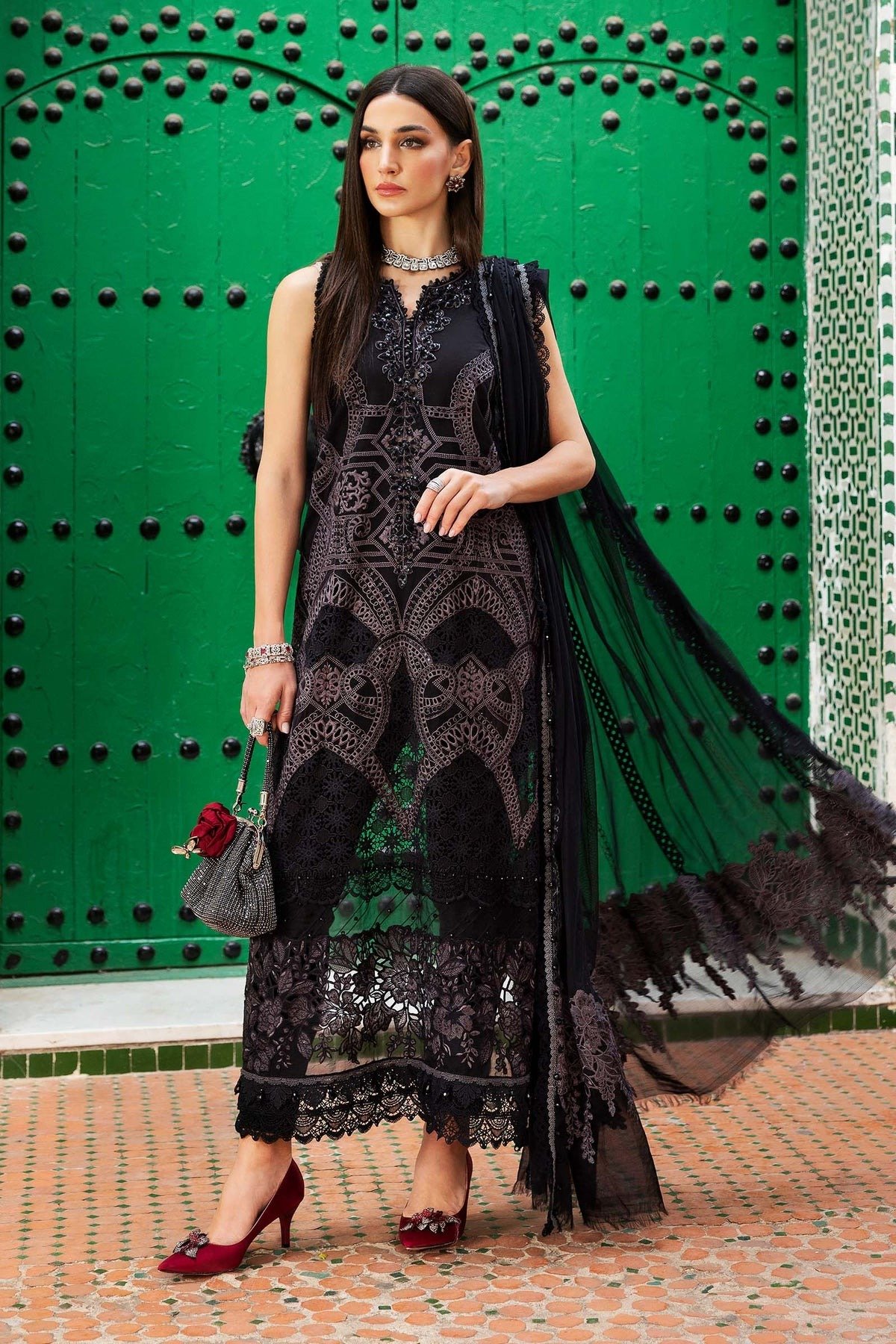 Maria.b | Luxury Lawn | Black | Unstitched | Embroidered Net Suit | 3 Piece