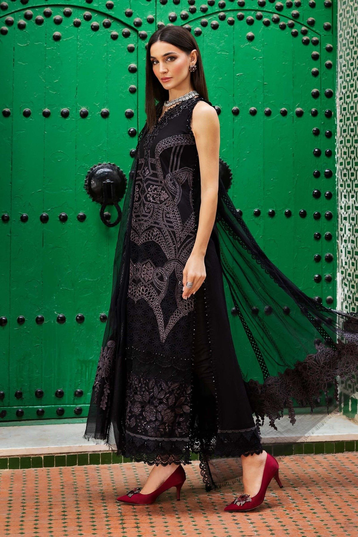 Maria.b | Luxury Lawn | Black | Unstitched | Embroidered Net Suit | 3 Piece - Image 2