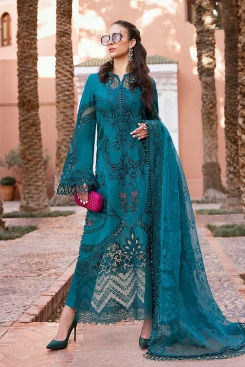 Maria.b | Luxury Lawn | Teal | Unstitched | Embroidered Net Suit | 3 Piece